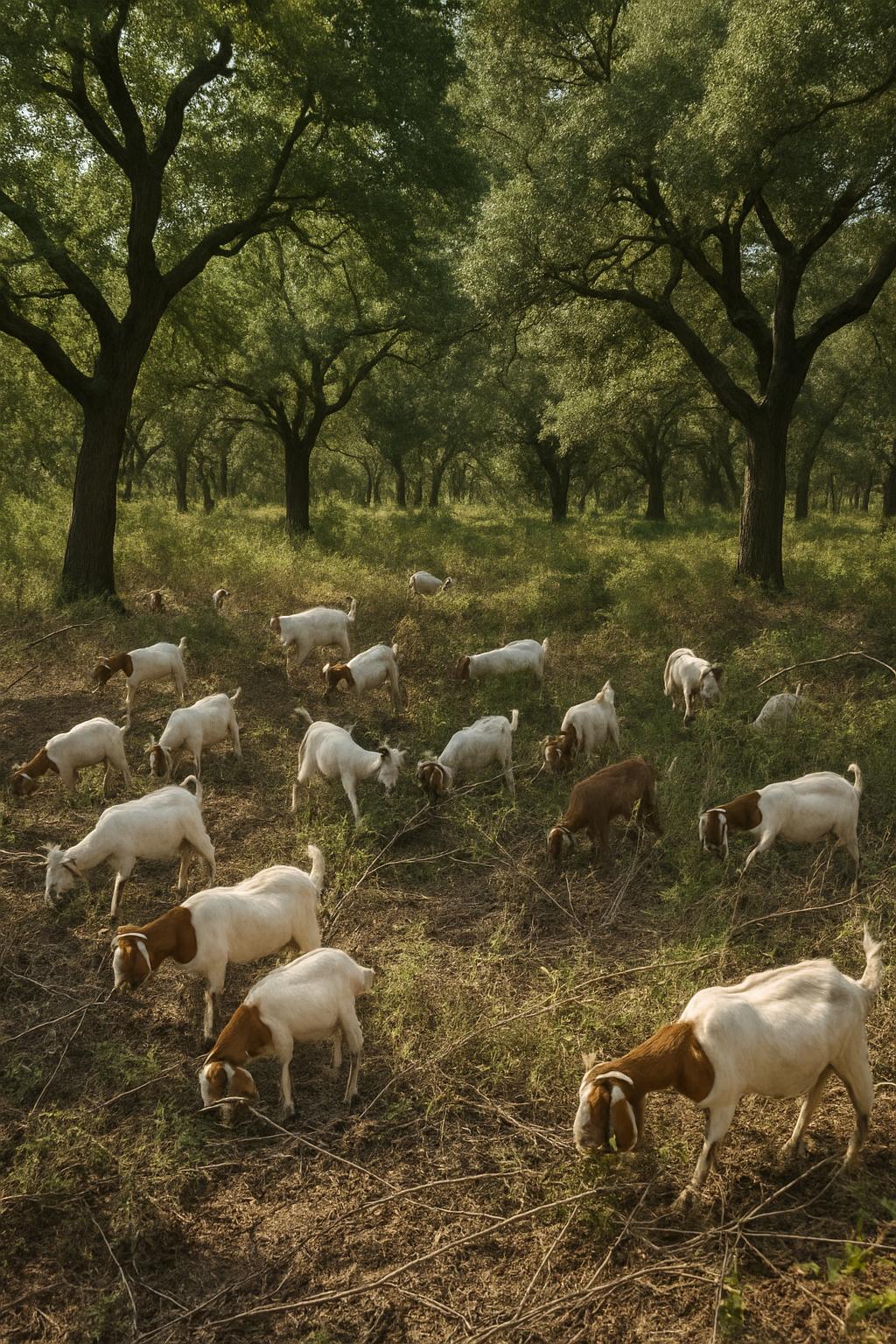 A large herd of goats grazing in a wooded area, with a majority of goats facing in the same direction.